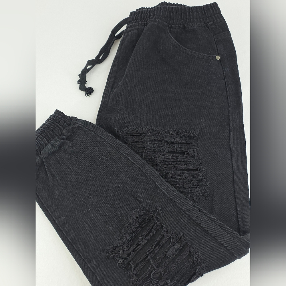 NWT 8th Of LA Black Distressed Jogger Boyfriend Jeans Pull-On Drawstring 3351-P